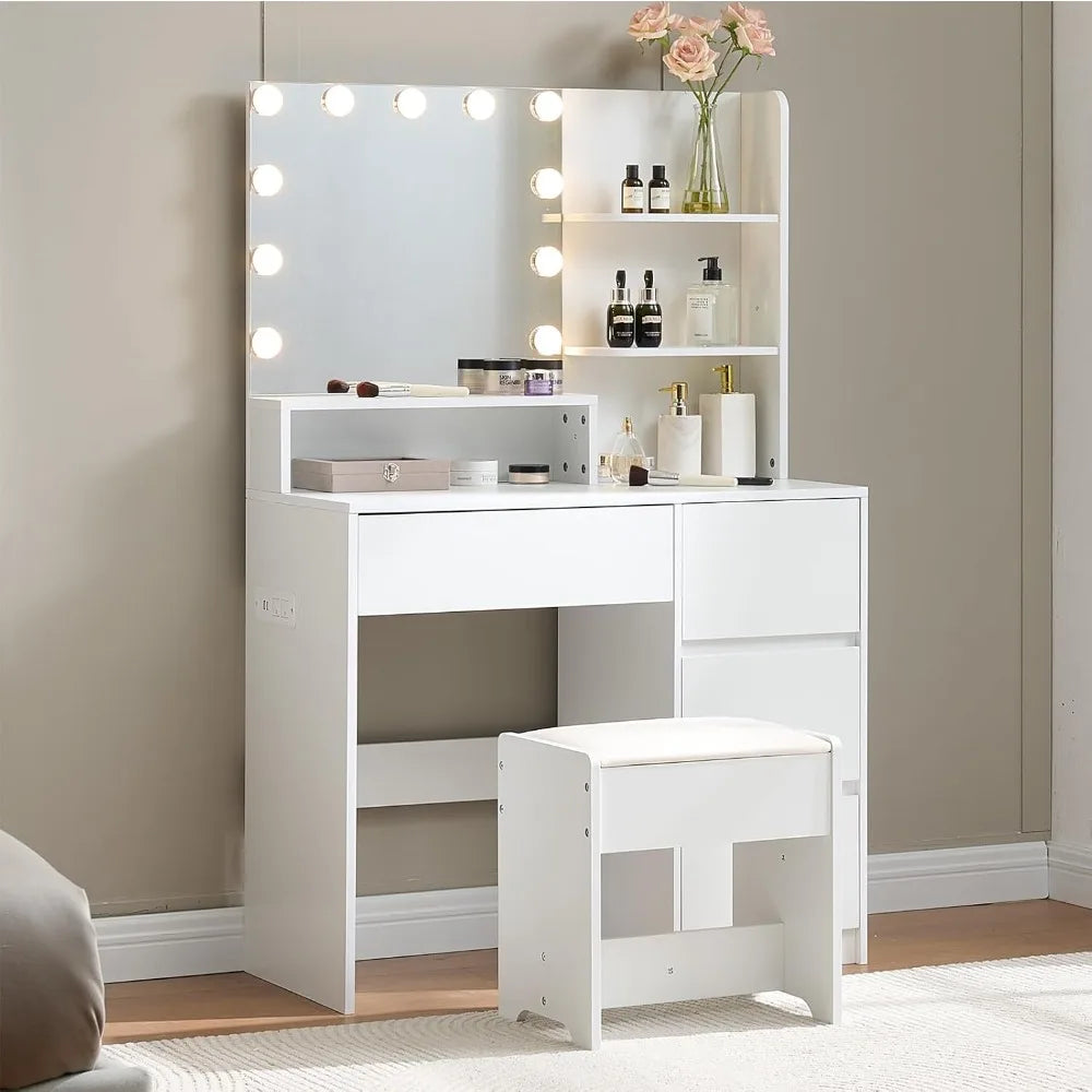 Makeup Vanity Desk with LED Light Power Outlet Storage Chair Set