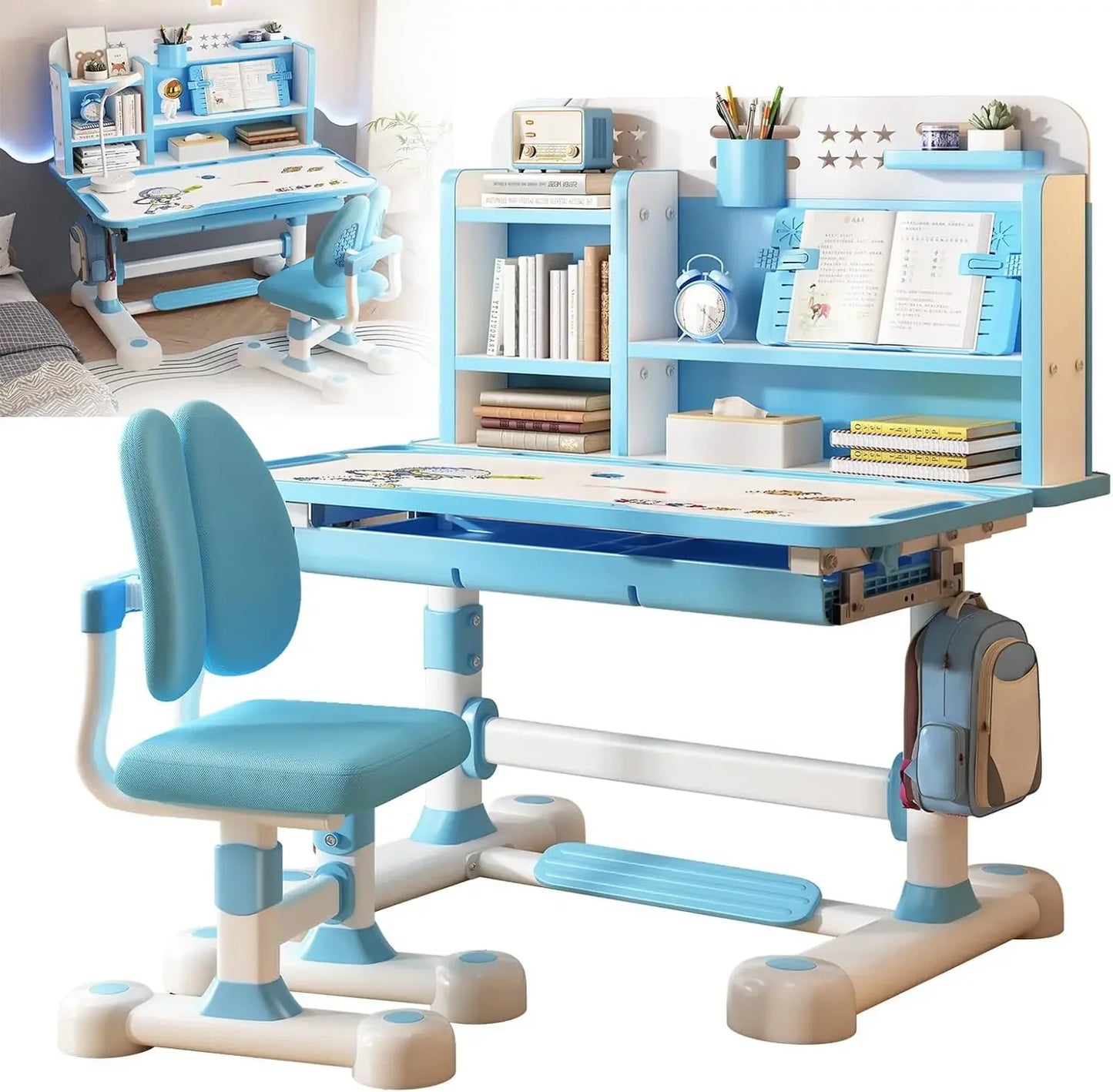 Kids Height Adjustable Study Desk Chair Set with Sitting Corrector