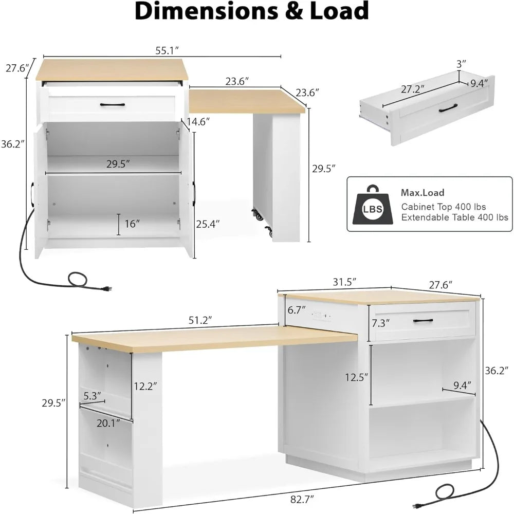 82.7 Inch Kitchen Island with Extendable Dining Table and Storage