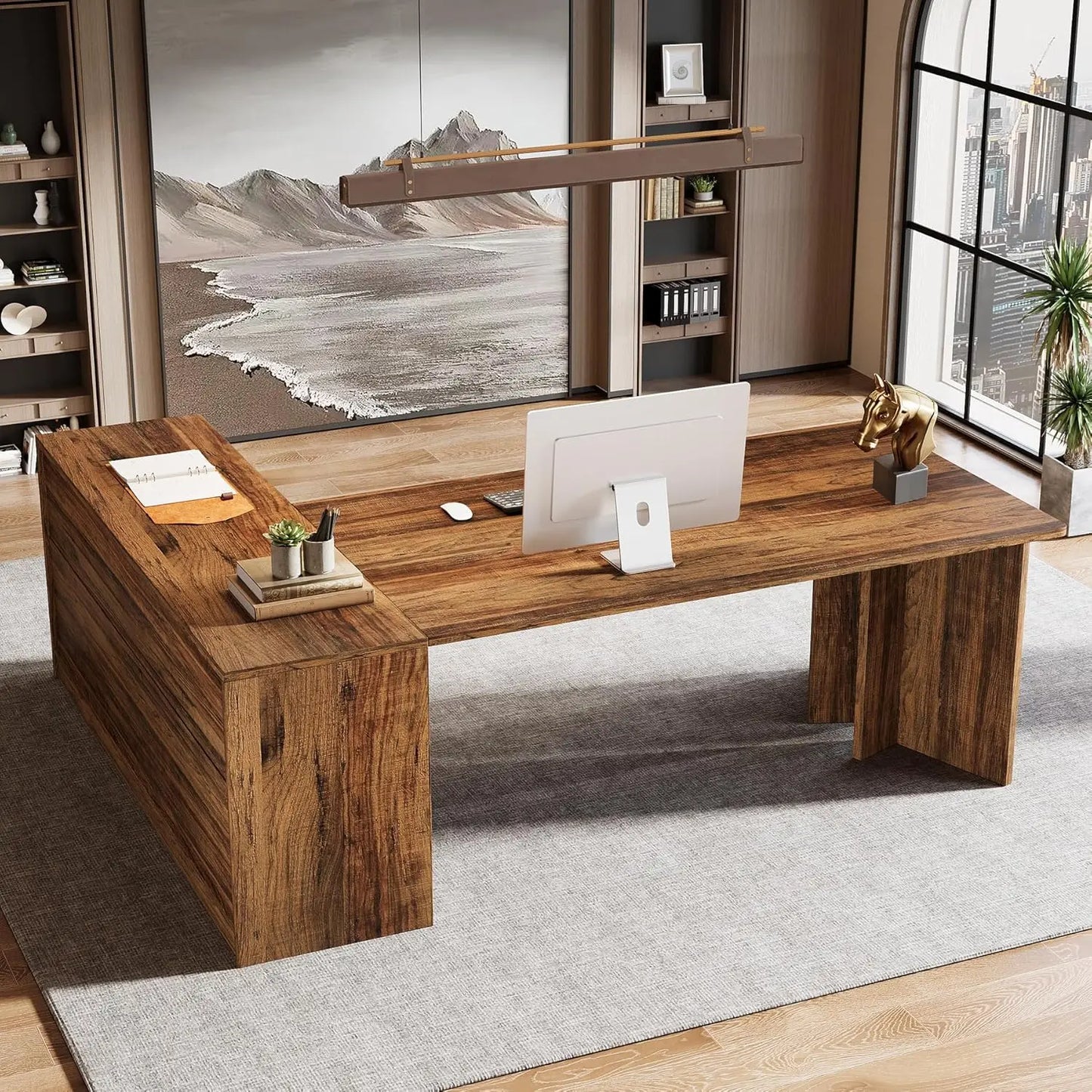 L-Shaped Executive Desk 70.9 Inch Mid-Century Farmhouse Office Furniture