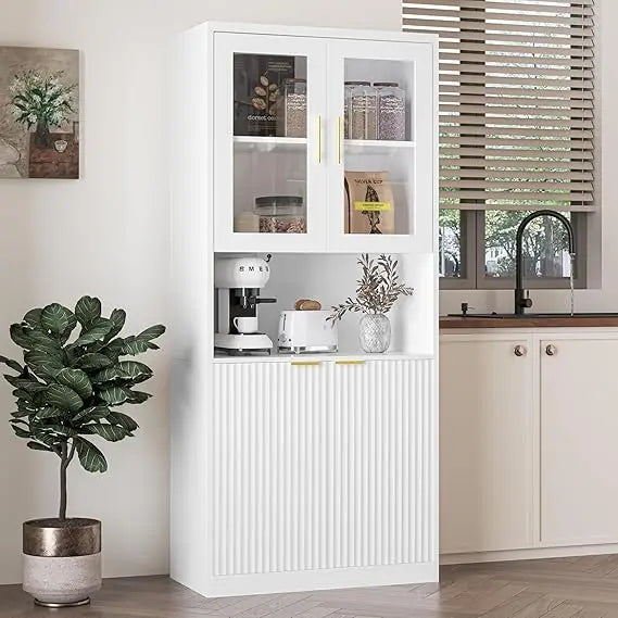 71 Inch Tall Kitchen Pantry Cabinet Fluted Storage with Glass Doors