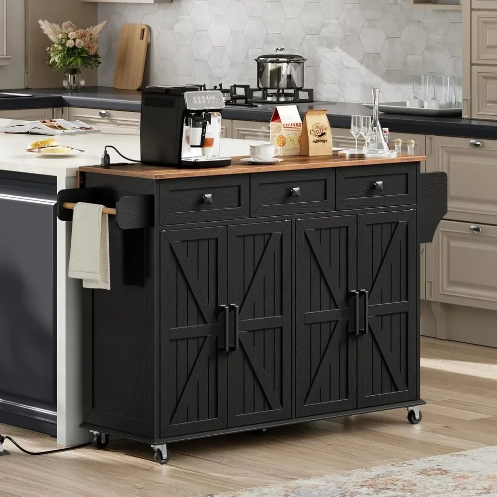 Kitchen Island with Drop Leaf Rolling Cart and Charging Station Storage