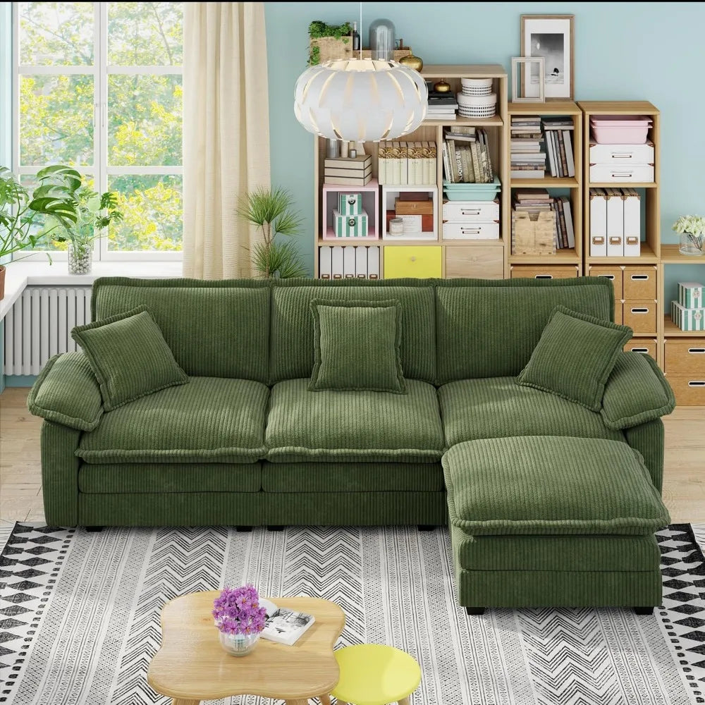 Comfy Corduroy Modular Sectional Couch with Ottoman 113" Cloud Cushion
