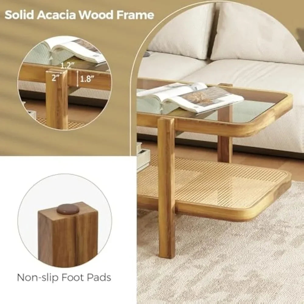 Rattan Coffee Table 47.5" Rectangle Solid Wood Tea Table with Storage
