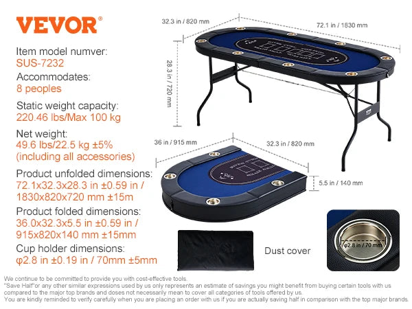 **** Ljustra Foldable Poker Table 8 Player Stainless Steel Cup Holders