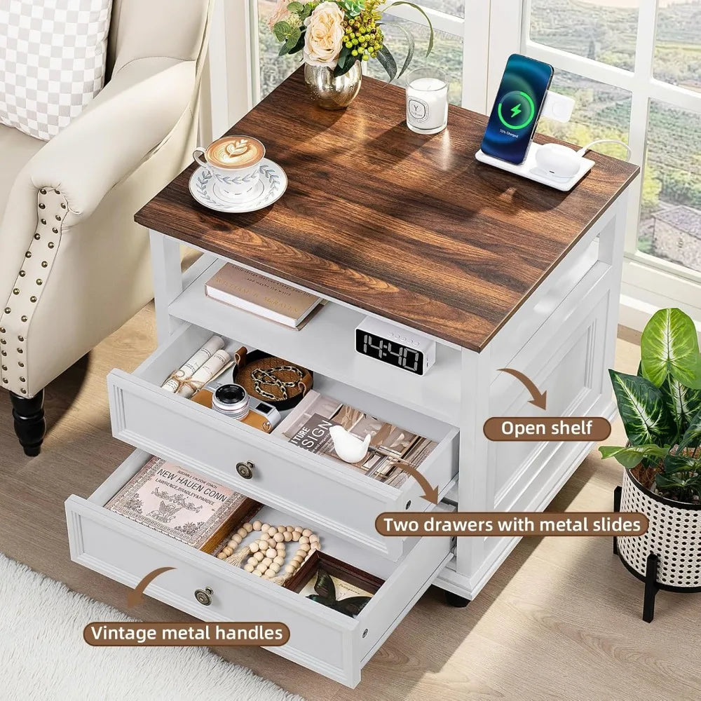 Farmhouse Nightstand with Charging Station 2 Drawers White End Table