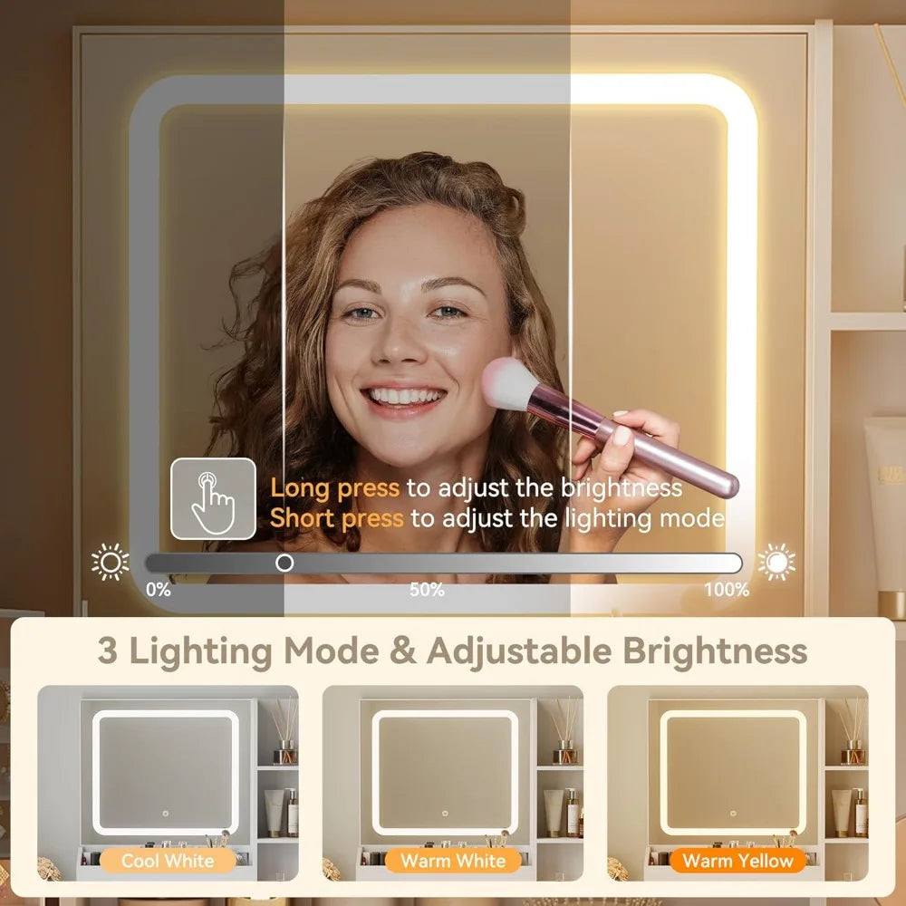 Vanity Desk with Mirror Lights Power Outlet Makeup Table Storage