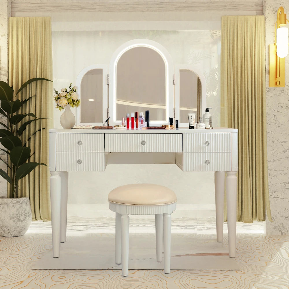 Luxury Mirrored Vanity Desk Set with Stool and Drawer Storage for Bedroom