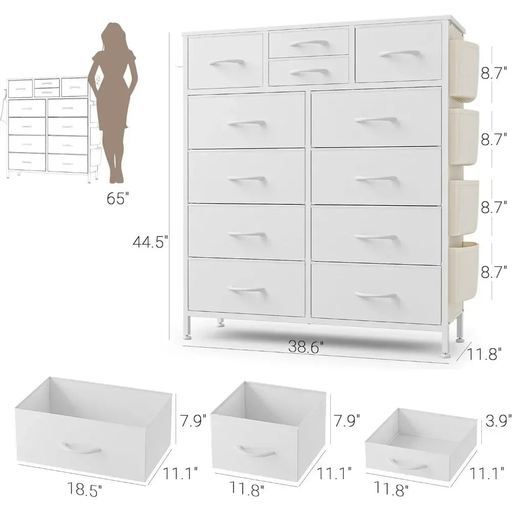 Dresser for Bedroom with 12 Drawers and Side Pockets for Storage
