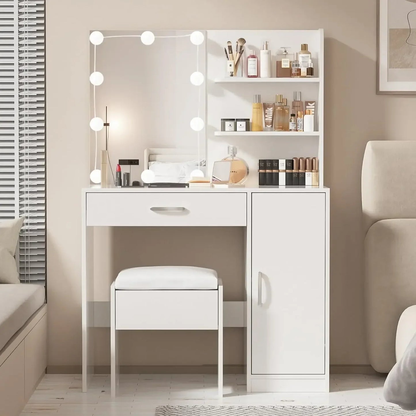 Makeup Vanity Desk with Lighted Mirror Power Strip 3 Lighting Modes Storage