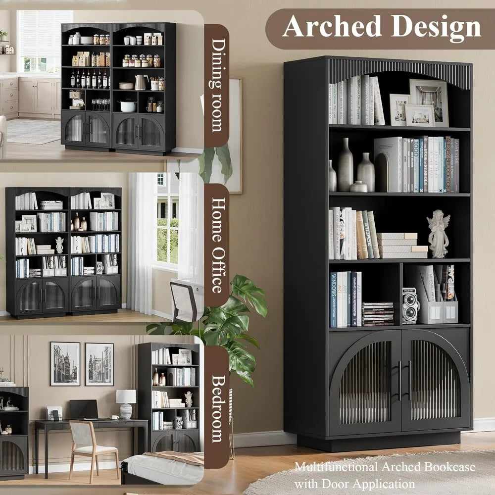 70 Inch Tall Black Bookshelf with Glass Doors Mid Century Modern Storage