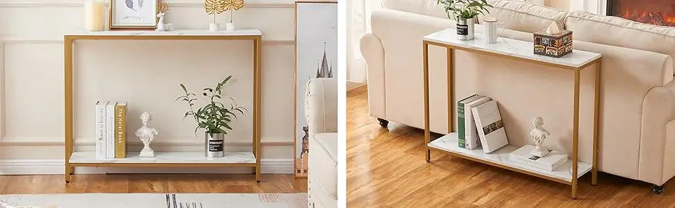 Console Table Entryway Faux Marble Double Layer Sofa Table Gold Frame