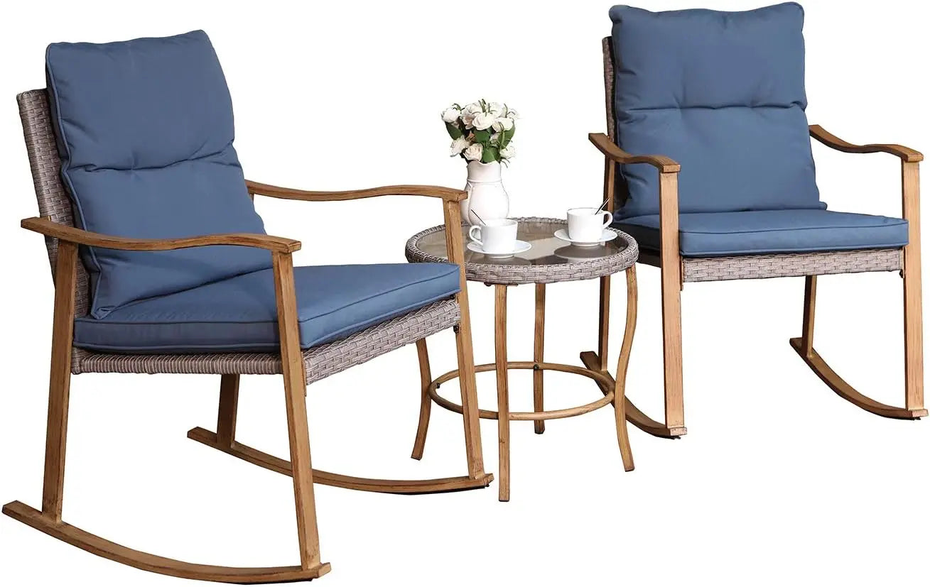 3 Piece Bistro Set Patio Rocking Chairs Glass-Top Table Outdoor Furniture