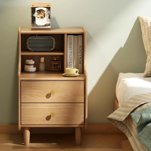 Solid Oak Wood Nightstand 2 Drawers Open Storage 26.57" Tall