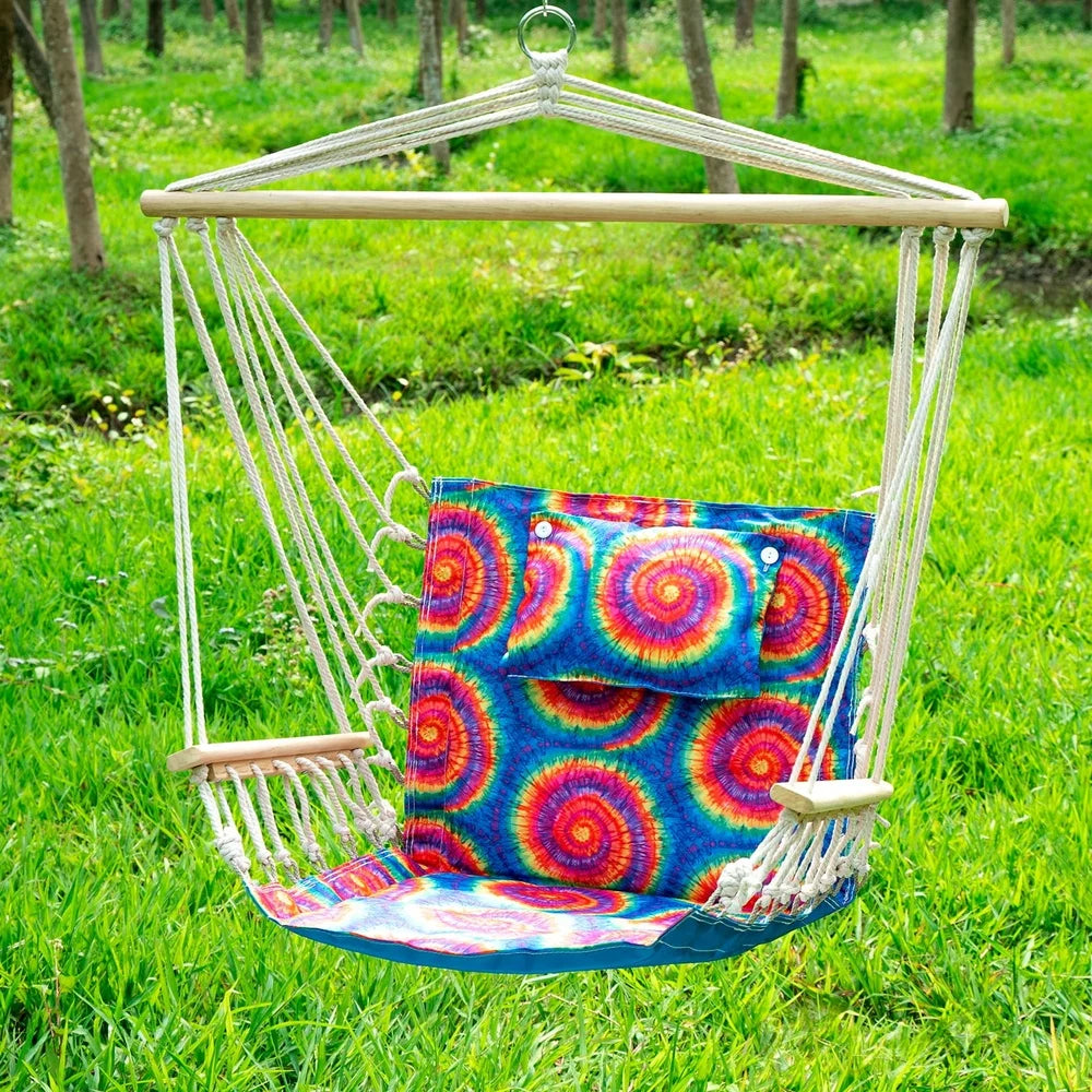 Hammock Chair with Pillow Wooden Arms Foldable Indoor Outdoor 275 lbs