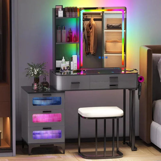RGB Vanity Makeup Desk with 6 Drawers Smart Lighting and Charging Station