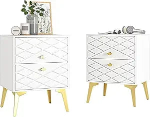 Modern White Nightstand Bedside Table with Gold Handles and Legs