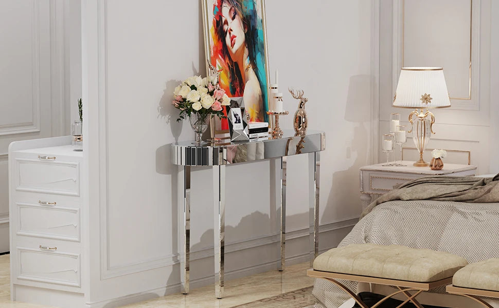 Mirrored Console Table Makeup Vanity Desk Modern Home Office Furniture