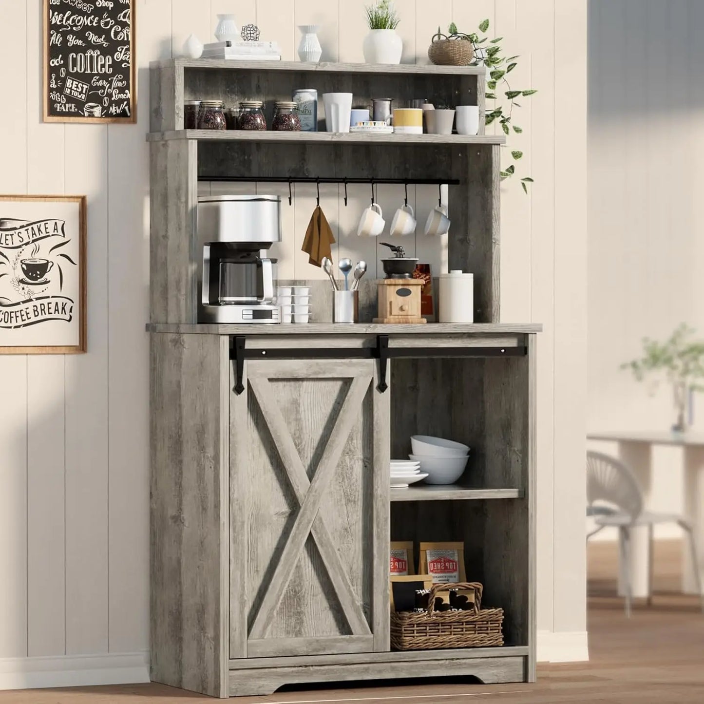Farmhouse Coffee Station with Storage Hutch and Hooks for Living Room