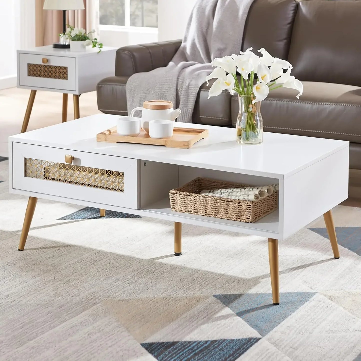 Wooden Mid Century Modern Coffee Table with Sliding Door for Living Room