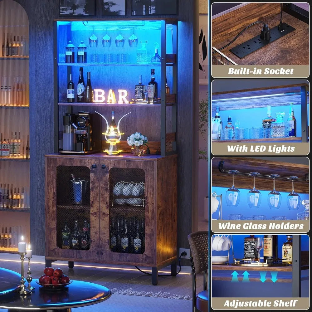 Bar Cabinet with Power Outlets LED Lights Wine Storage 67" Tall