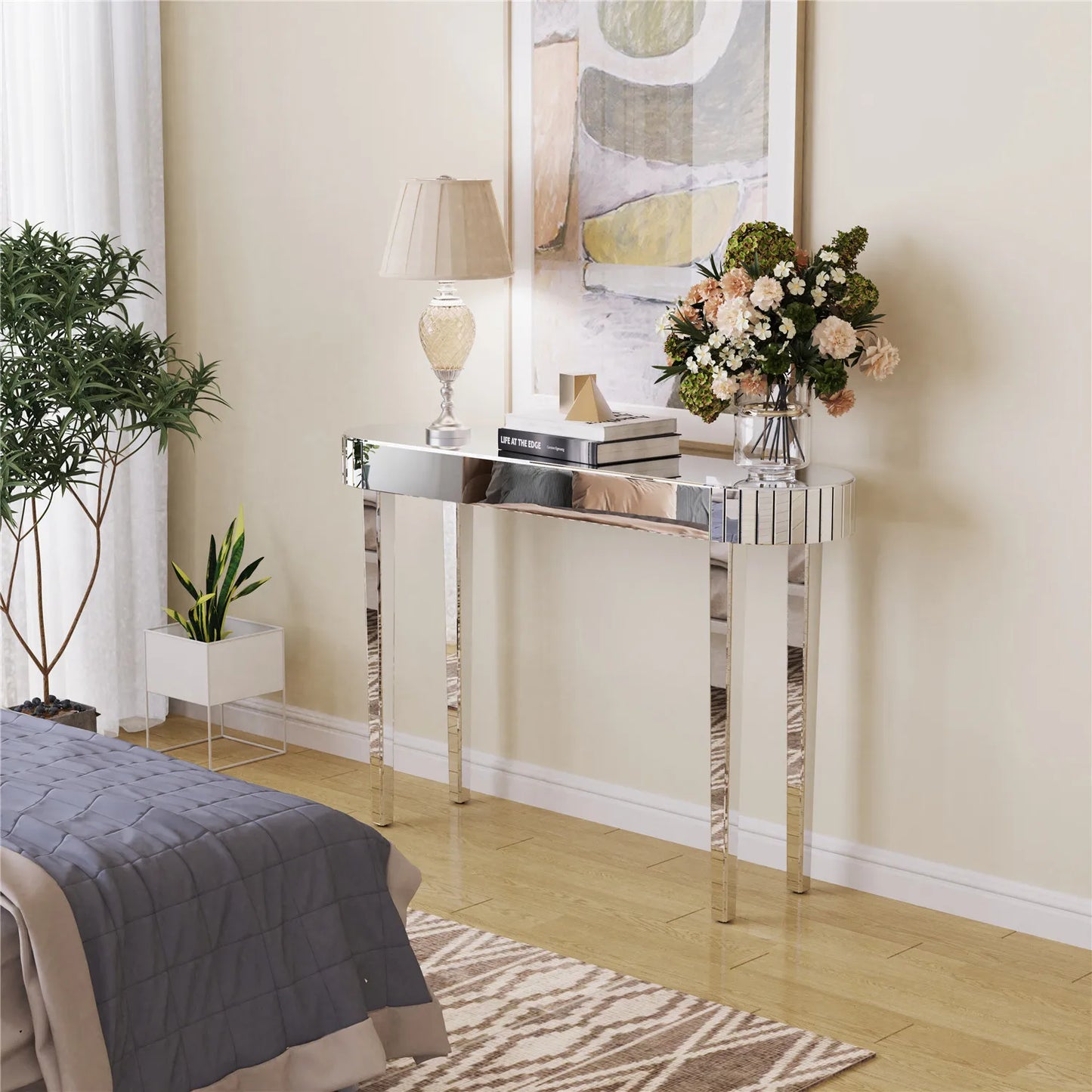 Mirrored Console Table Makeup Vanity Desk Modern Home Office Furniture