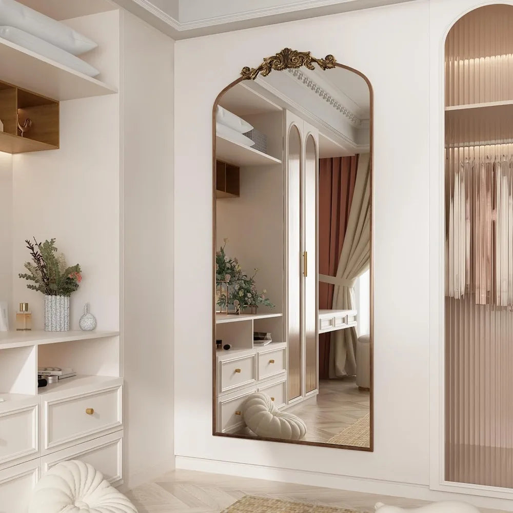 Vintage Gold Arched Floor Mirror Baroque Style Wall-Mountable Shatter-Resistant