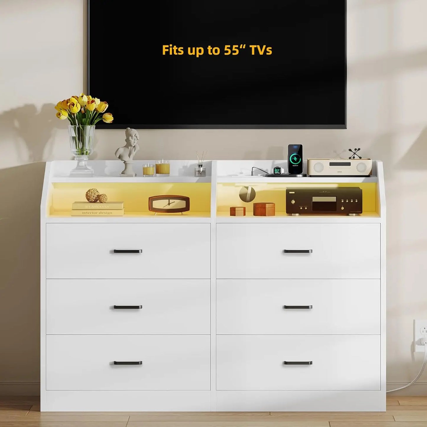 6 Drawer Dresser LED Light Charging Station Modern Storage Cabinet