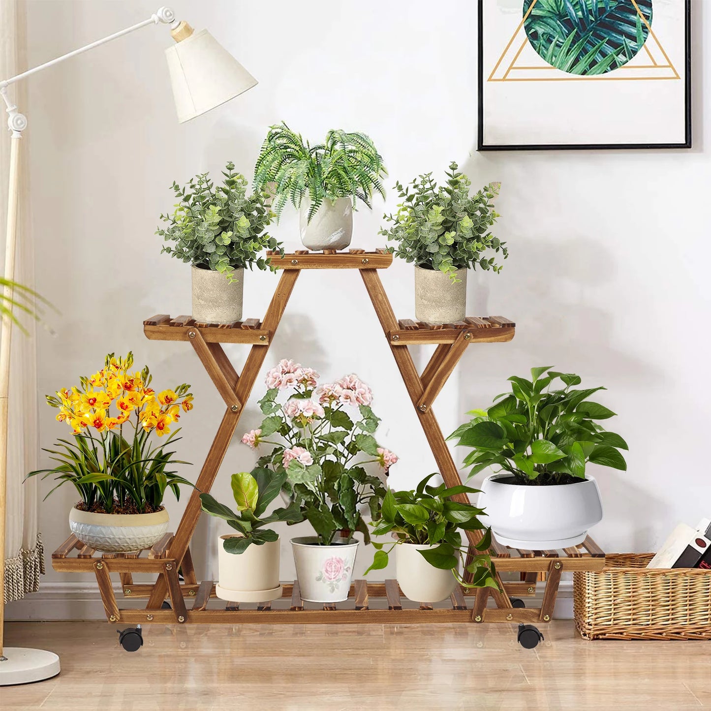 Triangular Plant Shelf with Wheels 6-Tier Carbonized Wood Display Rack