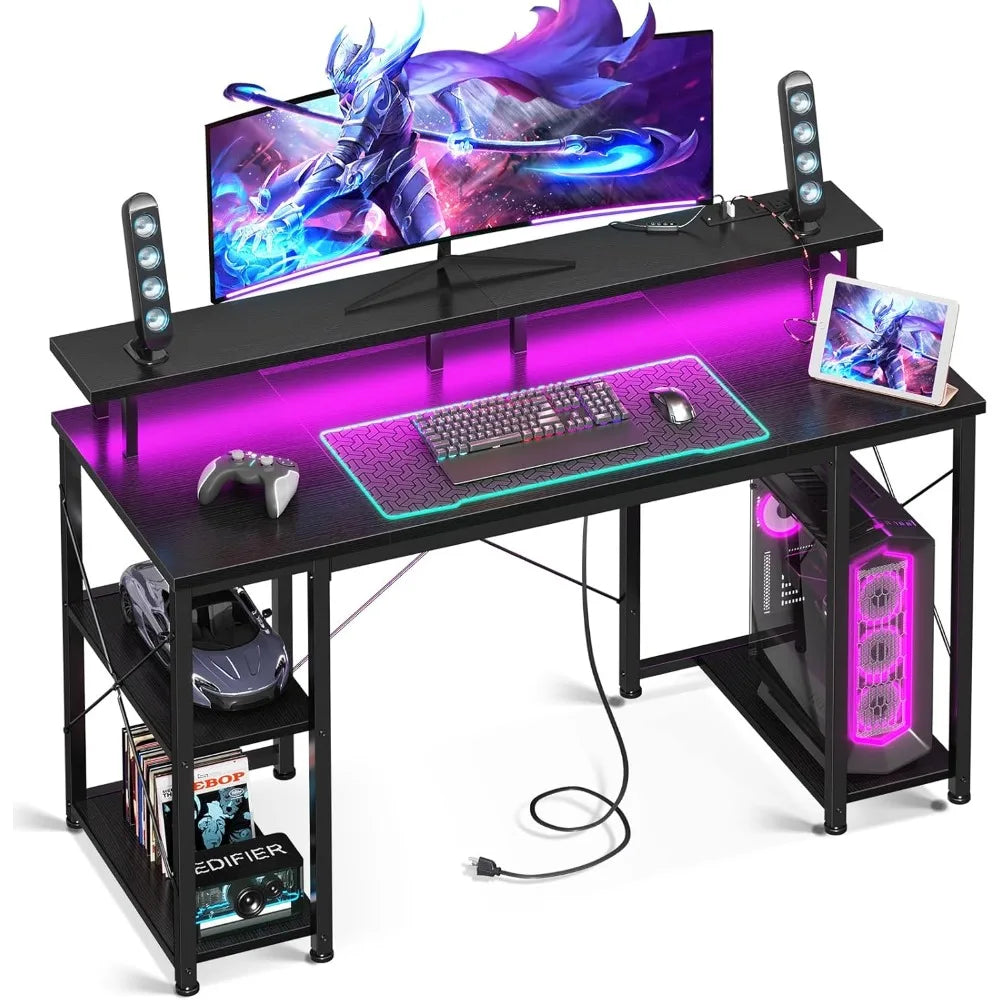 48 Inch Gaming Desk with LED Lights Power Outlets Monitor Stand Storage