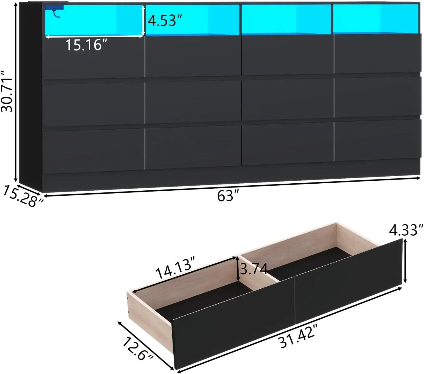 12 Drawer Wide Dresser with Charging Station and LED Lights for Bedroom