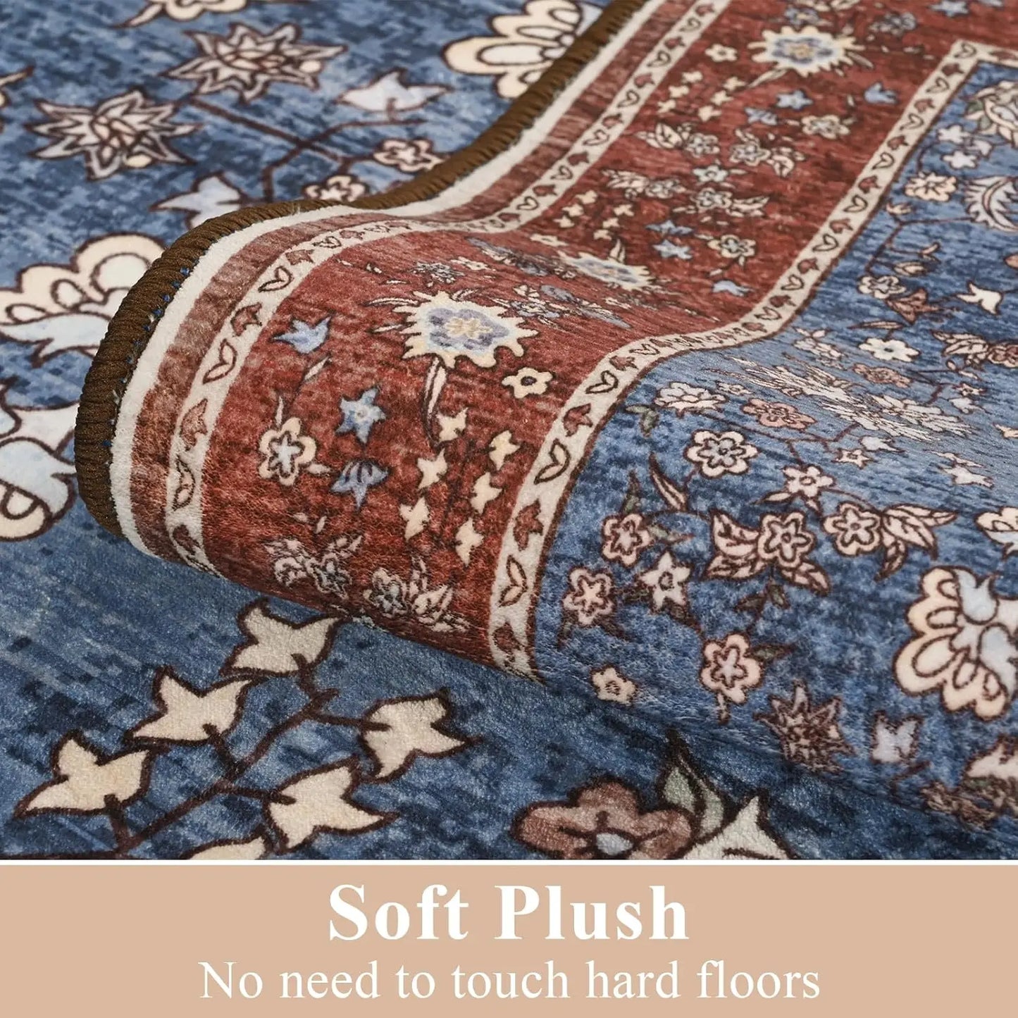 Ljustra Washable Area Rug Vintage Floral Print Non Slip Soft Carpet