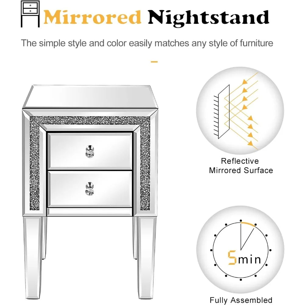 Mirrored Nightstand Set of 2 Glass End Tables with Storage 24.8 Inch