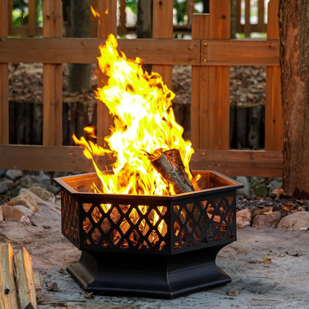Outdoor Fire Pit Hexagon Wood Burning Patio Bonfire 33 Inch