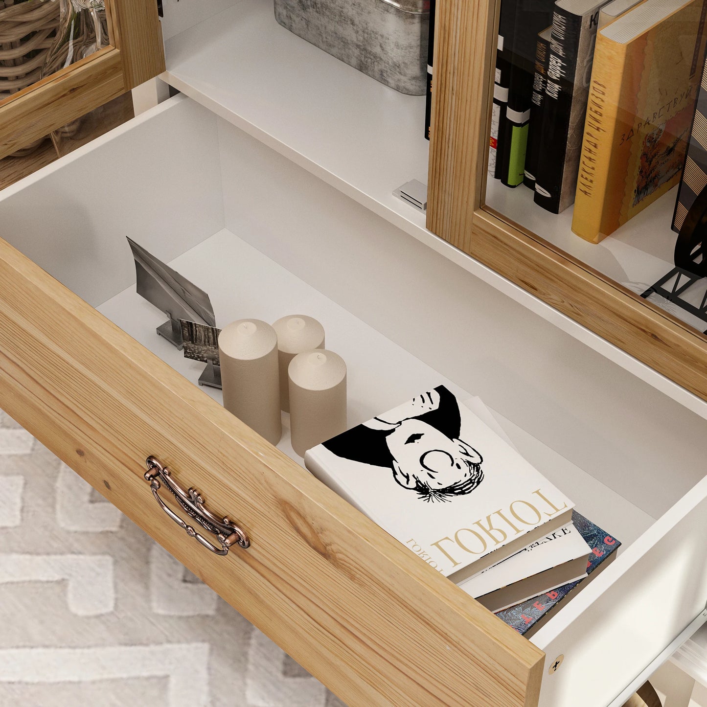 Ljustra Glass Display Cabinet 3 Shelves Drawer Modern Bookcase Storage