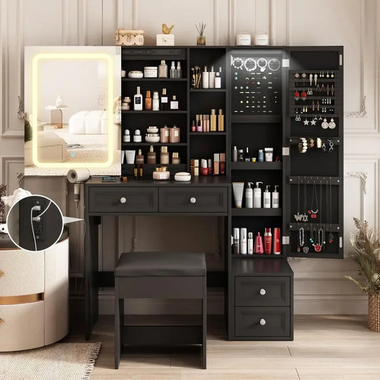 Makeup Vanity Desk with LED Light Sliding Mirror Jewelry Cabinet Storage