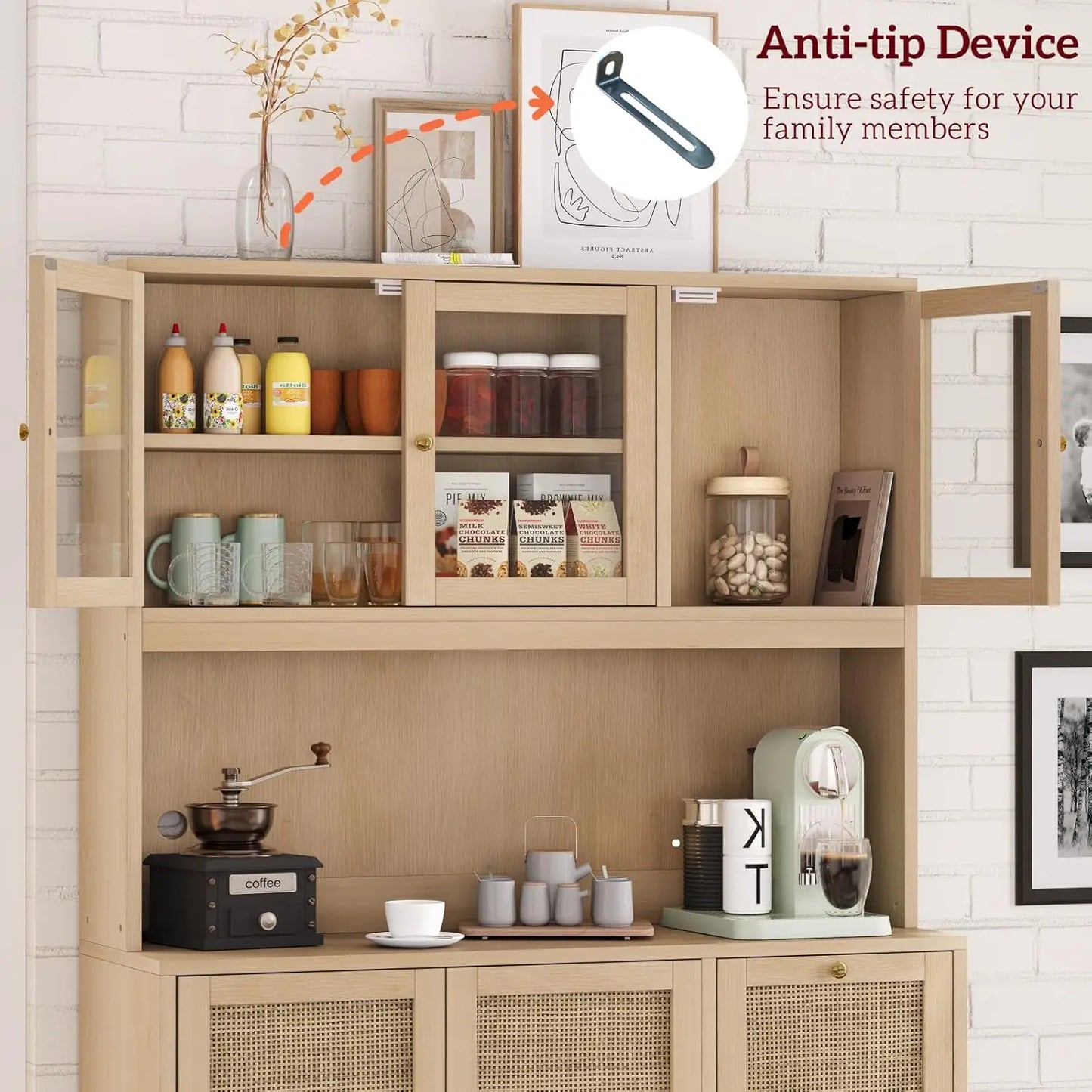 Kitchen Pantry Hutch with Microwave Stand Boho Storage Cabinet