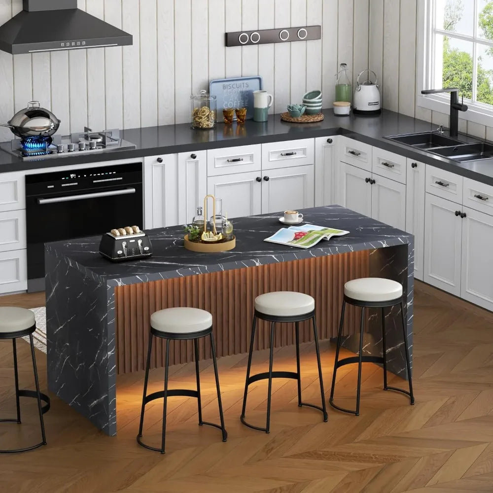 71 Inch Large Imitation Marble Dining Table with LED Lights for 4-6