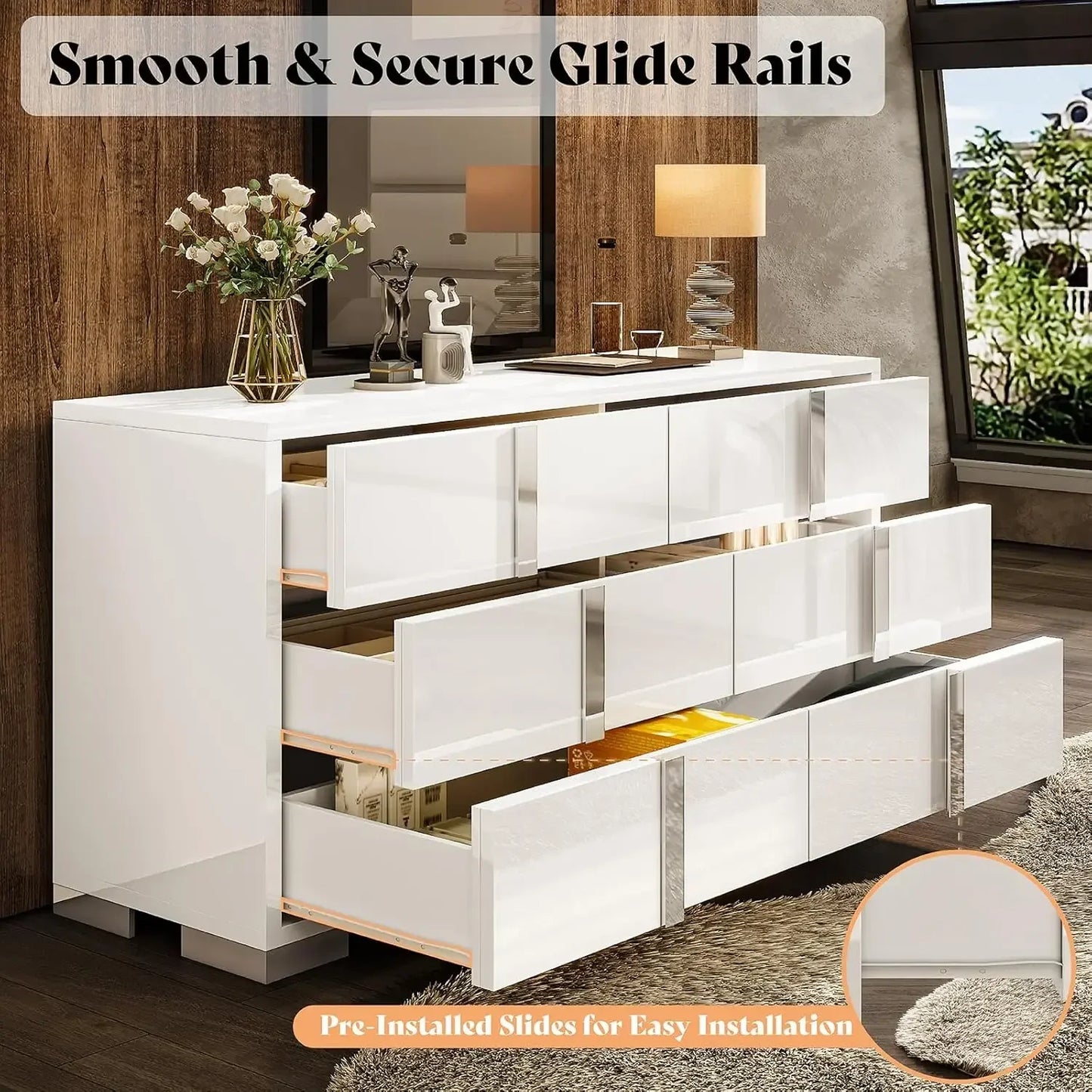 54 Inch High Gloss 6 Drawer Dresser Modern Chest for Bedroom Storage