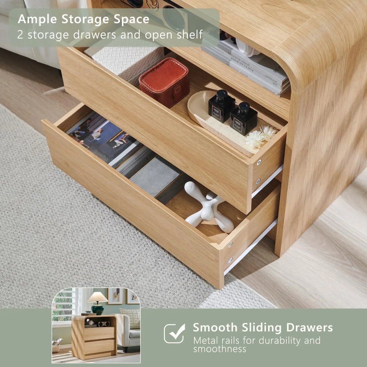 25 Inch Tall Modern Nightstand with Charging Station and 2 Drawers