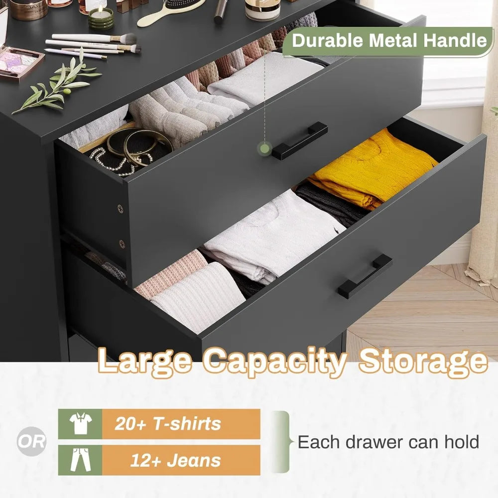 Black 5 Drawer Dresser Wooden Storage Cabinet Tall Chest for Bedroom