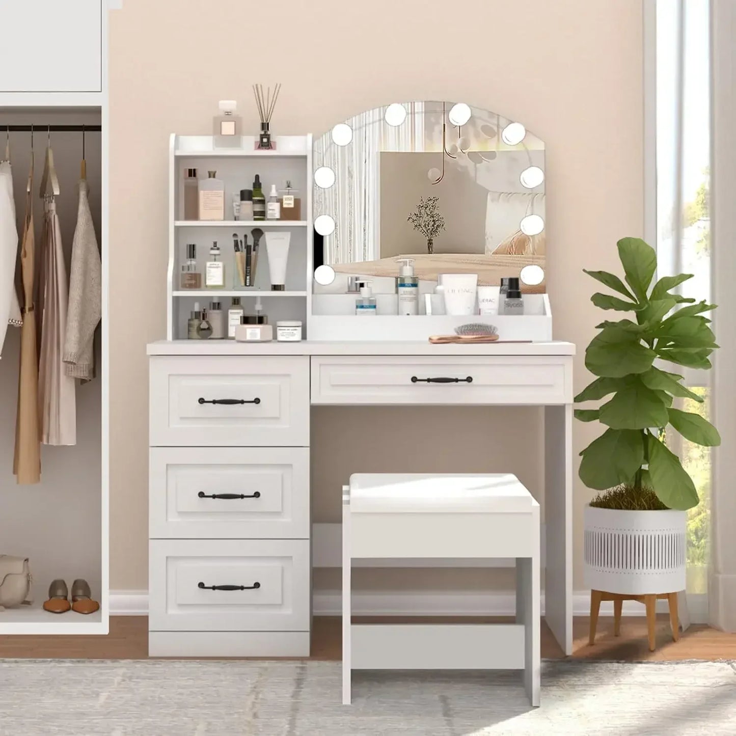 Makeup Vanity Desk with 4 Drawers and 3 Lighting Colors Large Size