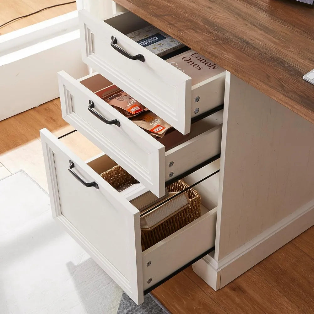 60 Inch L Shaped Executive Desk with File Cabinet and Charging Station