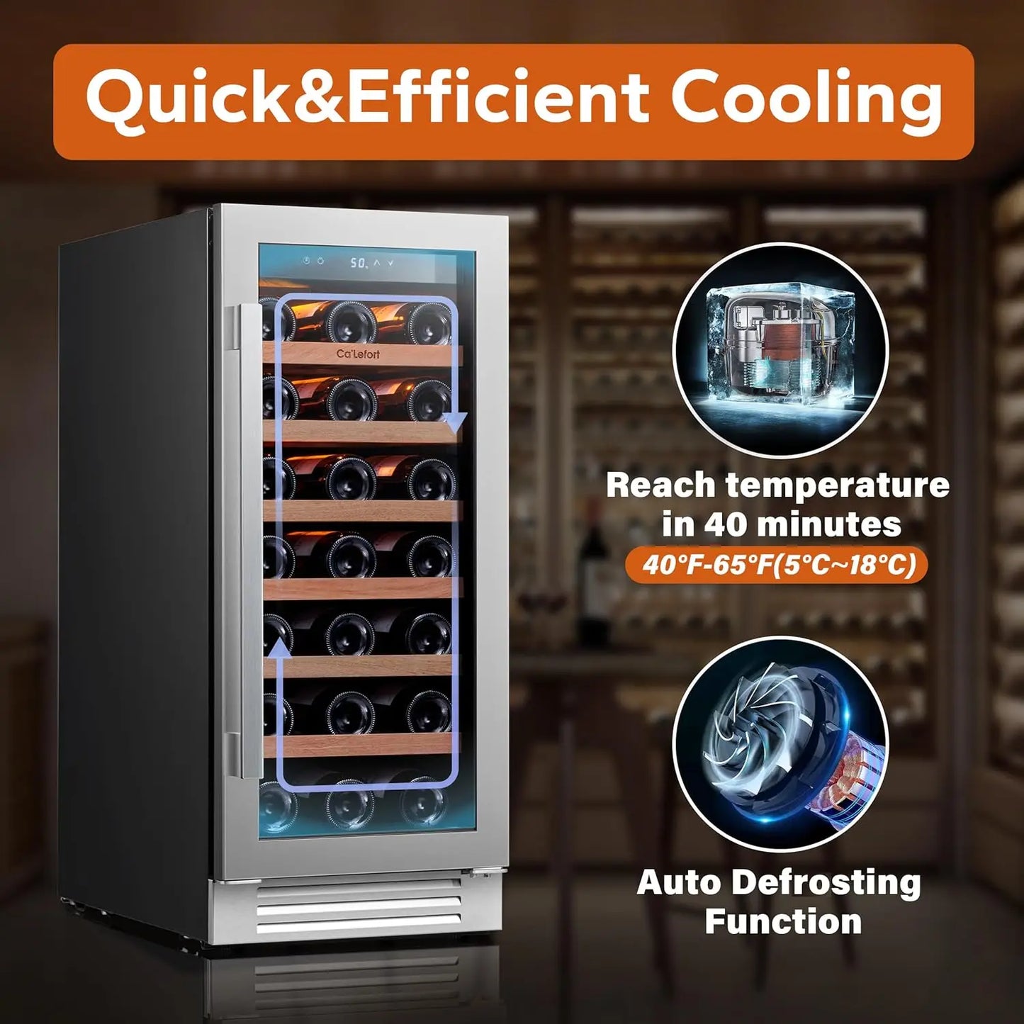 15 Inch Built-in Wine Fridge 33 Bottle Cooler Glass Door LED Lights