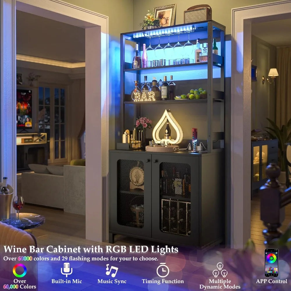 Tall Bar Cabinet with Power Outlets LED Lights Wine Liquor Storage