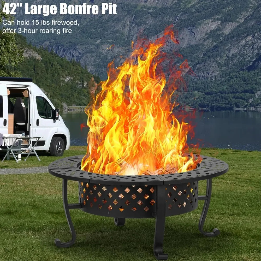 42 Inch Wood Burning Fire Pit with BBQ Grills and Lid for Outdoor Use