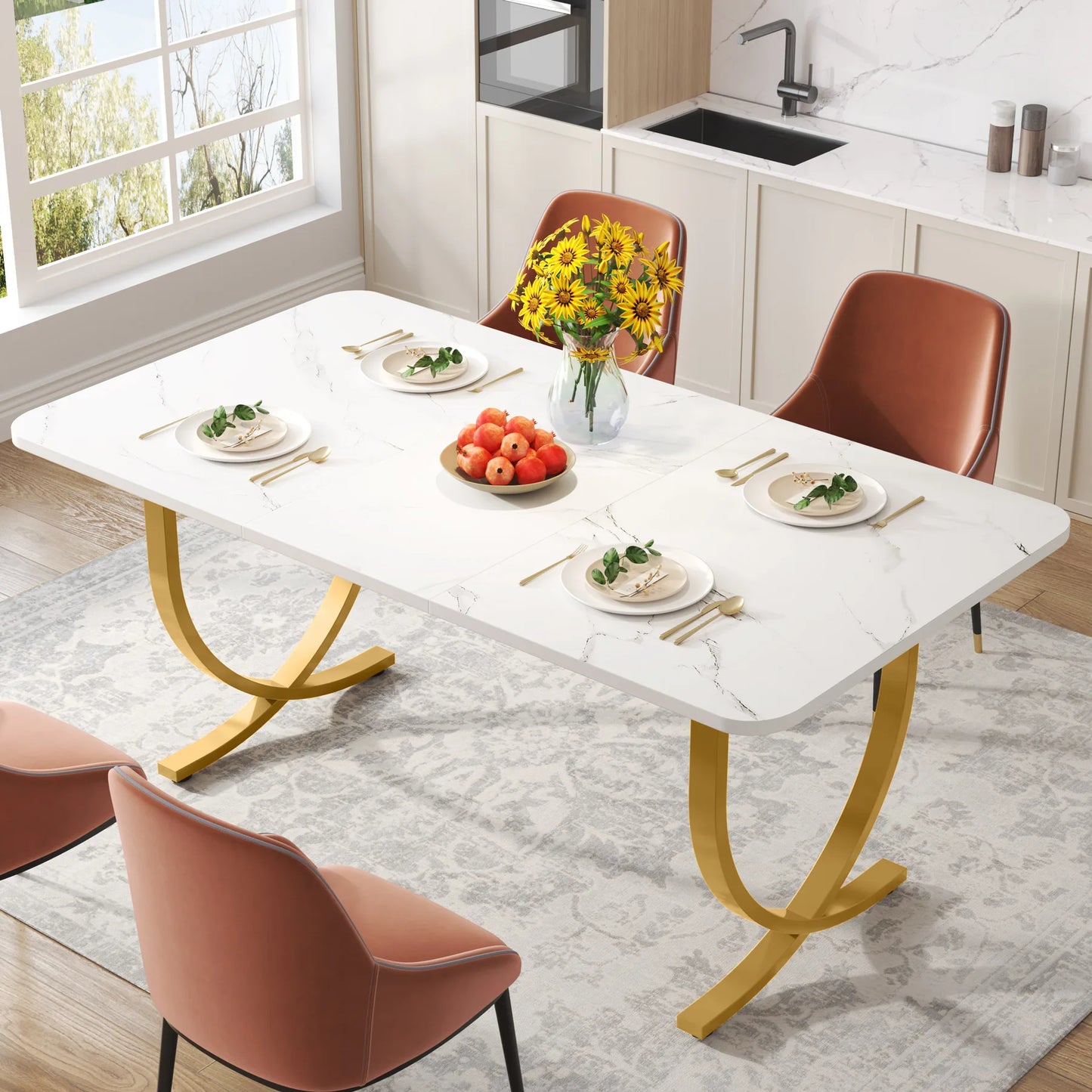 Ljustra 63 Inch Dining Table Rectangular Kitchen Faux Marble Modern Design