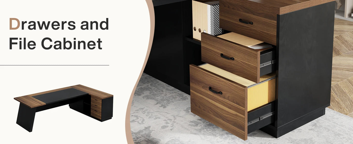 Modern L-Shaped Executive Desk with Drawers and File Cabinet Office