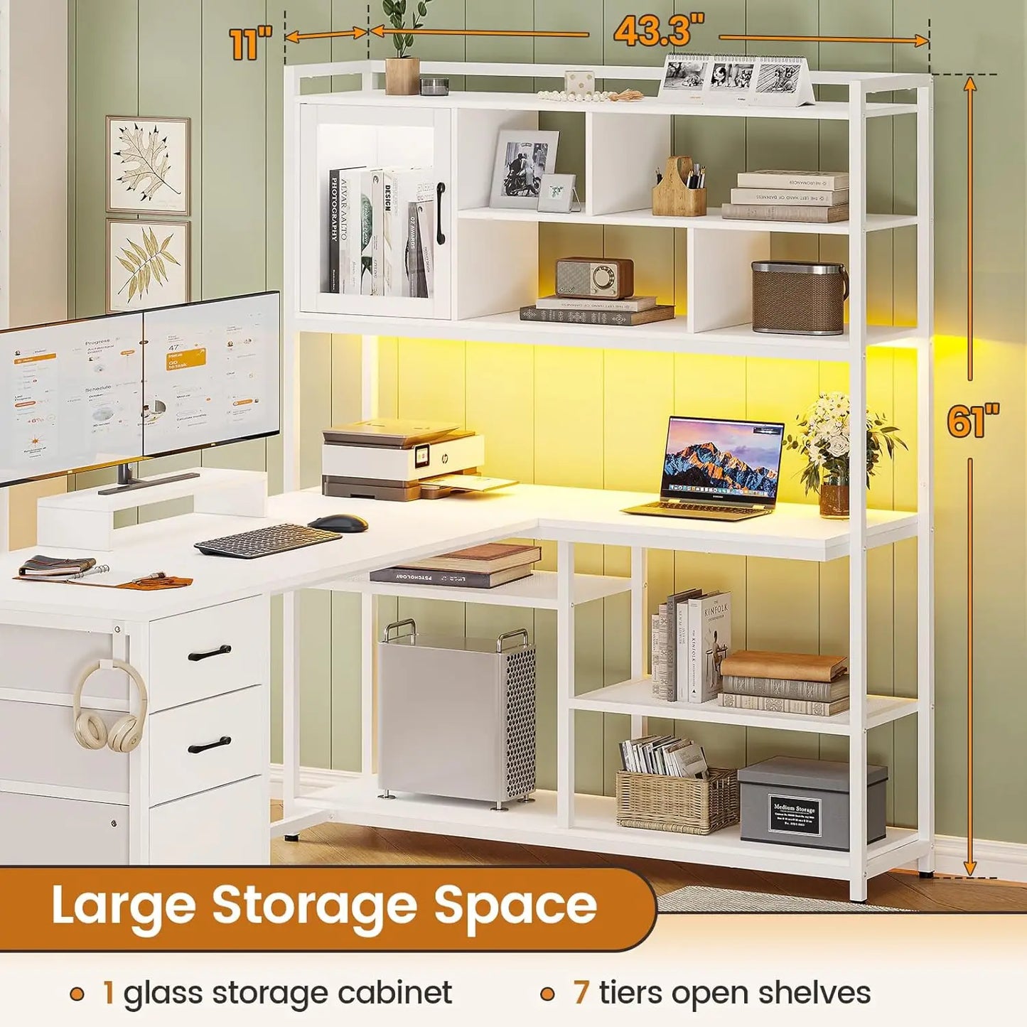 L Shaped Computer Desk with Drawers Bookshelf Gaming Office Desk 58 Inch