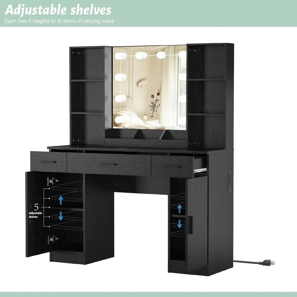 Modern Vanity Desk Makeup Table with Lights Storage Drawers and Shelves